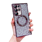 Magnetic Glitter Cheetah Print Phone Case for Samsung Galaxy S24 Ultra with secure MagSafe alignment and electroplated finish.
