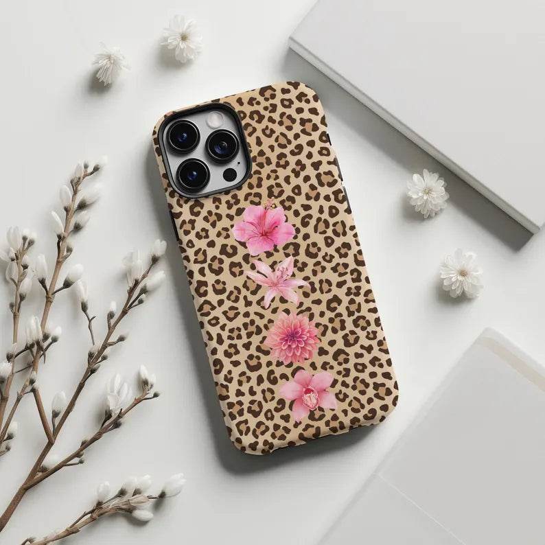 Pink Floral Cheetah Print Phone Case - Fashionable Tiger Lily Design for iPhone 14 Plus & Samsung S24 Ultra LP34 - yTagCase