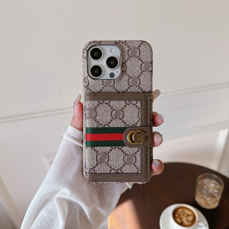 Beige GG Element Card Wallet Phone Case with scratch-resistant matte layer and integrated card slot for iPhone 16 Pro Max aesthetic statement piece
