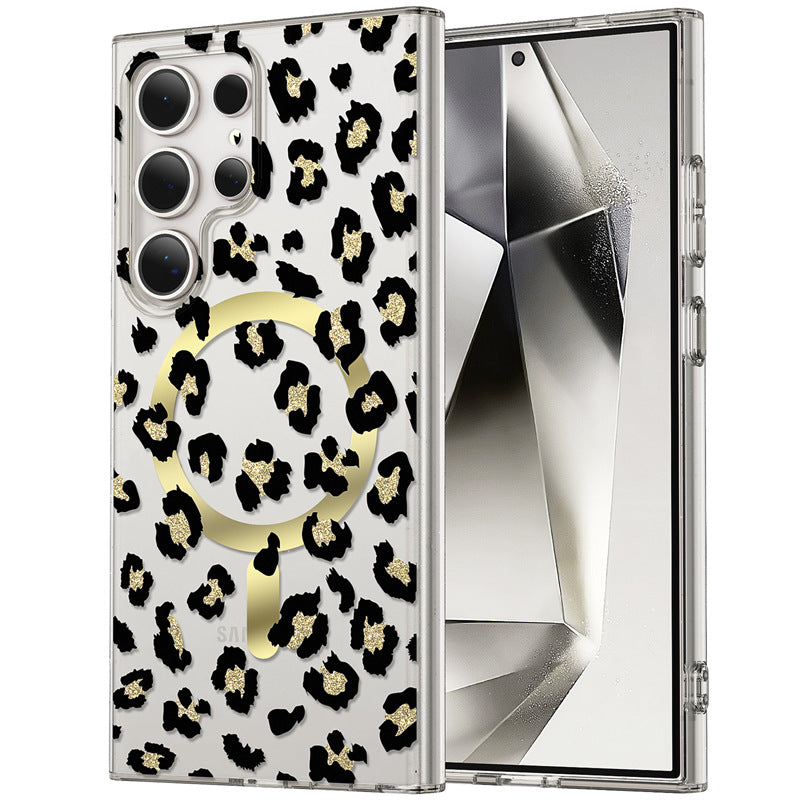 Retro Leopard Phone Case for Samsung Galaxy S24 - Protective magnetic wallet case with luxury metallic finish LP06