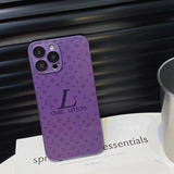 Purple LV inspired matte glass phone case with camera cover luxury aesthetic statement piece for iPhone