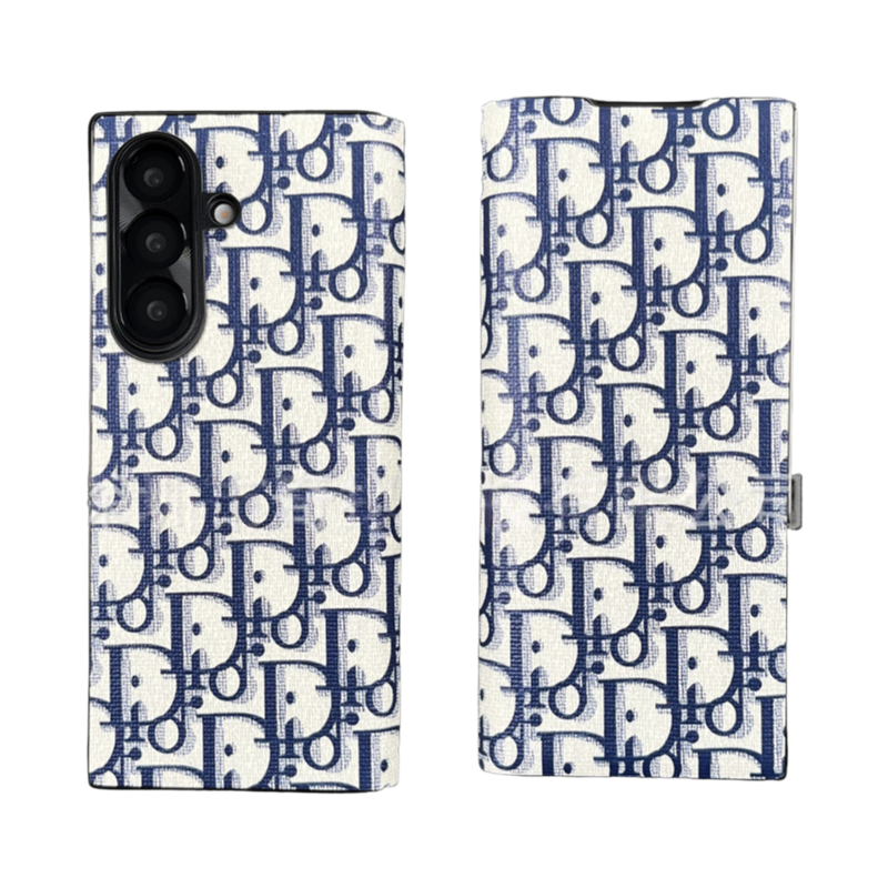 Blue Dior-inspired phone case for Samsung Fold7 with luxury magnetic flip cover and full-wrap design for easy access to all ports and buttons