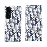 Blue Dior-inspired phone case for Samsung Fold7 with luxury magnetic flip cover and full-wrap design for easy access to all ports and buttons