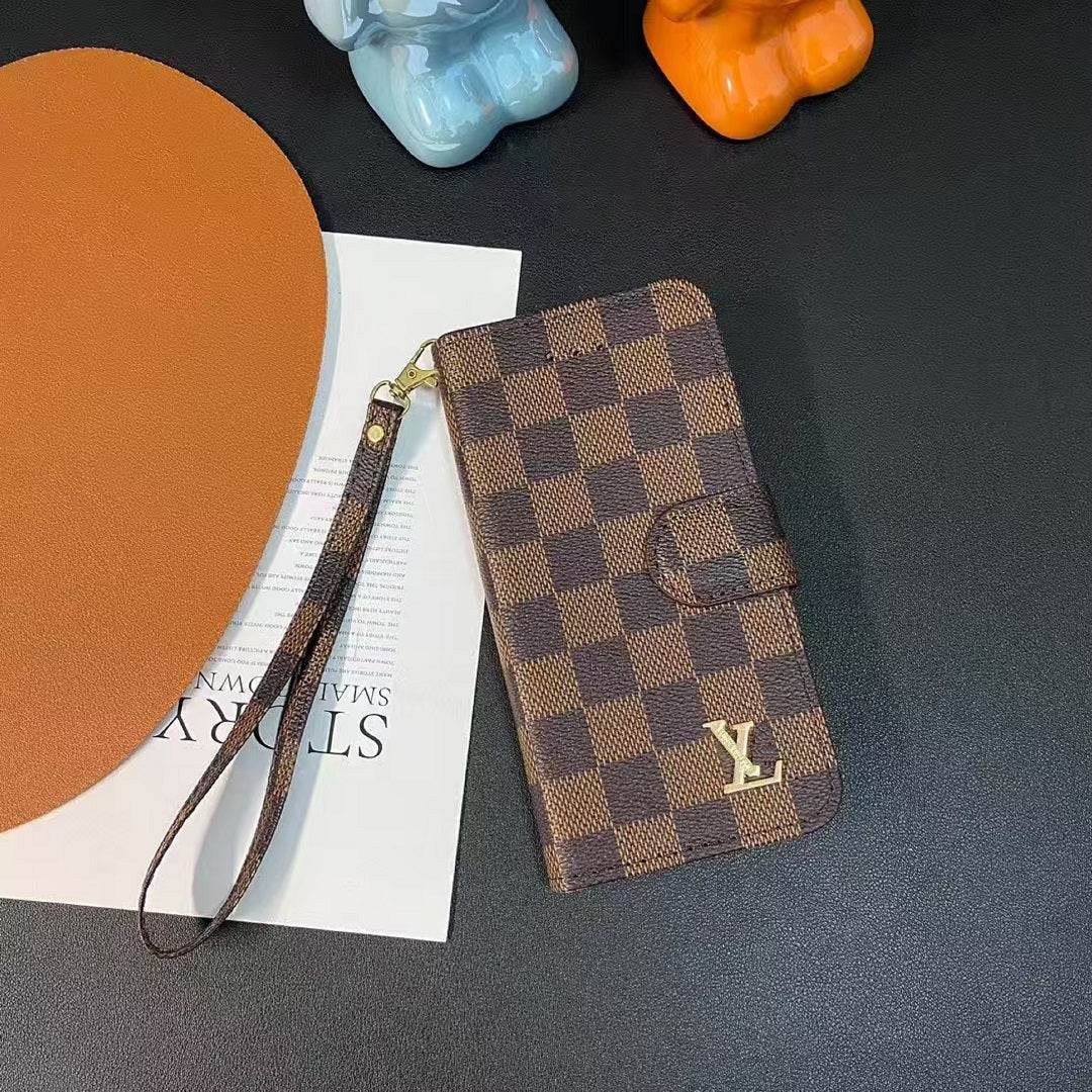 Brown LV Pattern Flip Cover Phone Case with Card Holder LX075 for iPhone 16 Pro Max - yTagCase