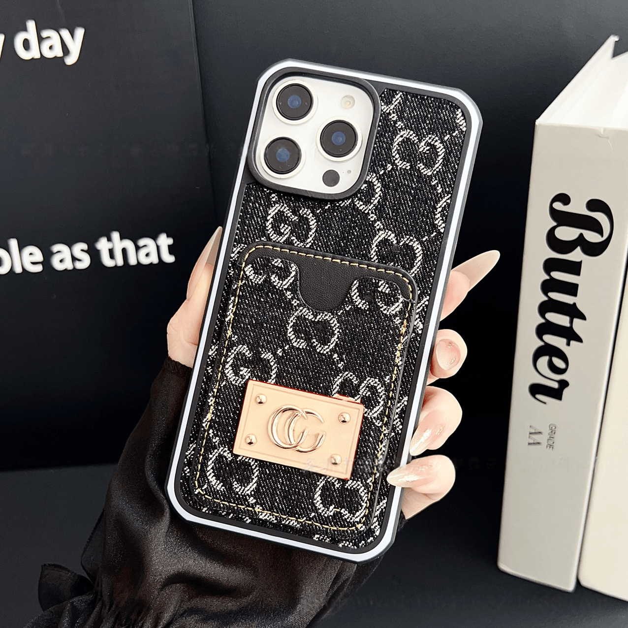 Black GG Denim Label Luxury Phone Case with Card Holder LX104 for iPhone 16 Pro Max - yTagCase