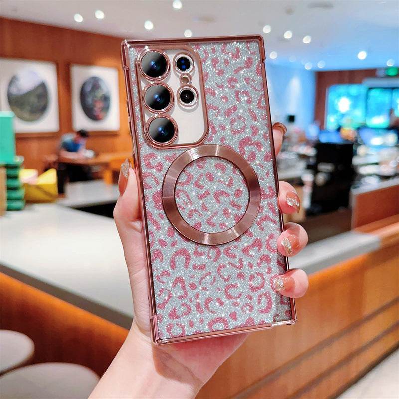 Magnetic Glitter Cheetah Print Phone Case - Electroplated TPU for Samsung Galaxy S24 Ultra LP07 - yTagCase