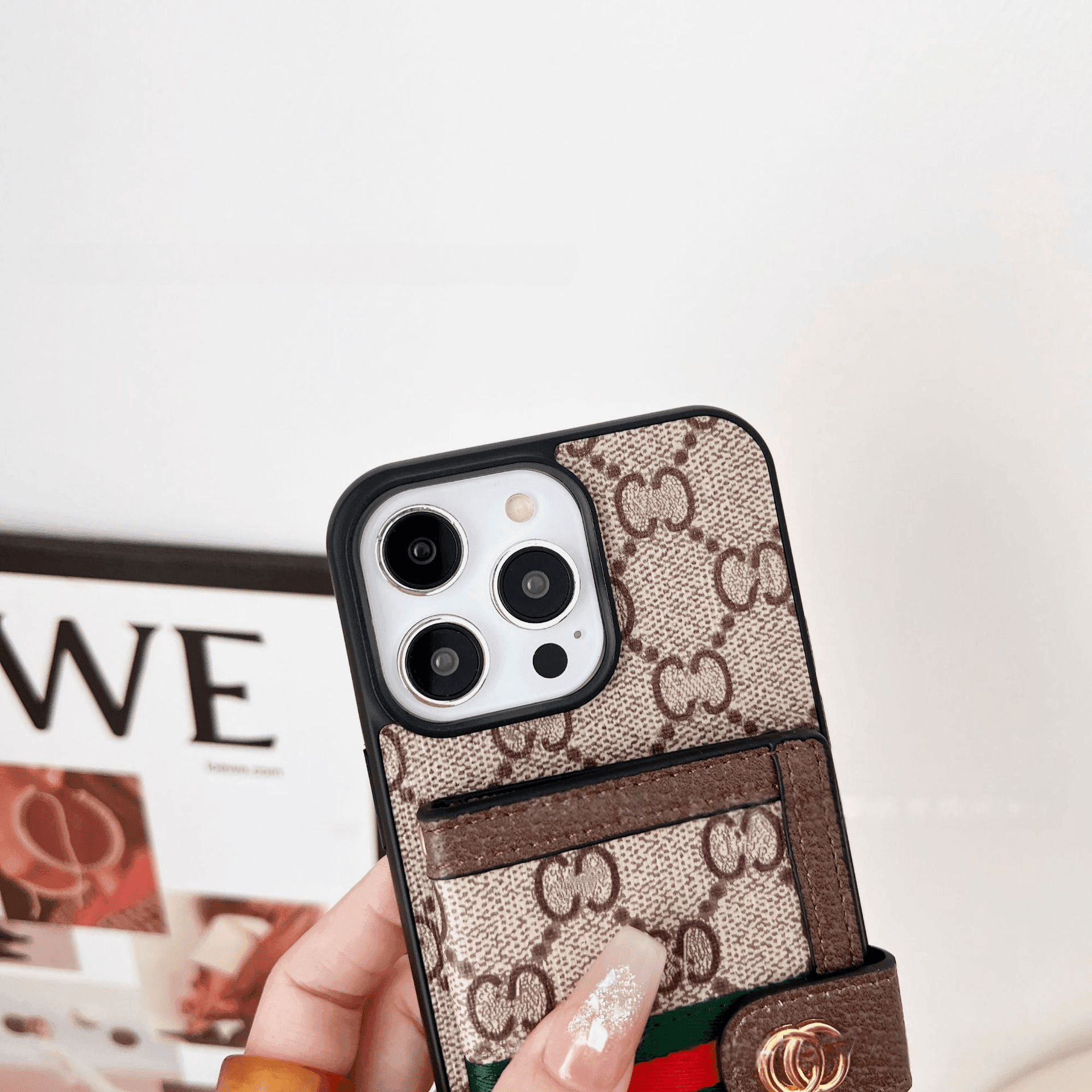 Beige GG Pattern Phone Case with Crossbody Strap & Card Holder LX066 - yTagCase