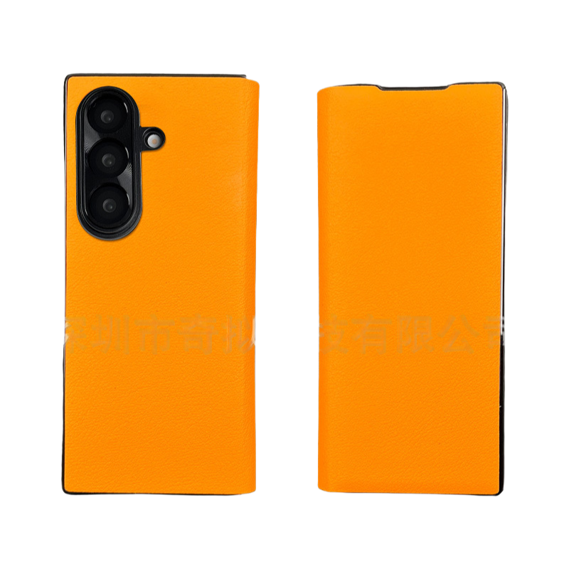 Orange pebbled leather phone case with metal flip cover for Samsung Fold7 - Luxe magnetic closure and full-body protection for a stylish statement piece