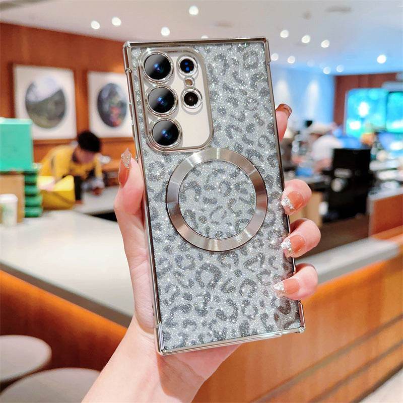 Magnetic Glitter Cheetah Print Phone Case - Electroplated TPU for Samsung Galaxy S24 Ultra LP07 - yTagCase