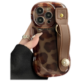 Cheetah print leather phone case with wrist strap for iPhone 14 Plus - stylish animal texture protective cover with secure grip