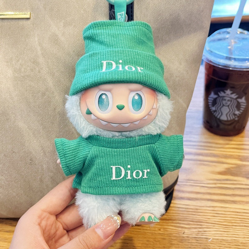 Green Labubu doll clothes set with Dior-style outfit and matching hat