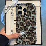 Luxury leopard print iPhone 14 Plus case with electroplated silver accent - durable animal pattern phone cover