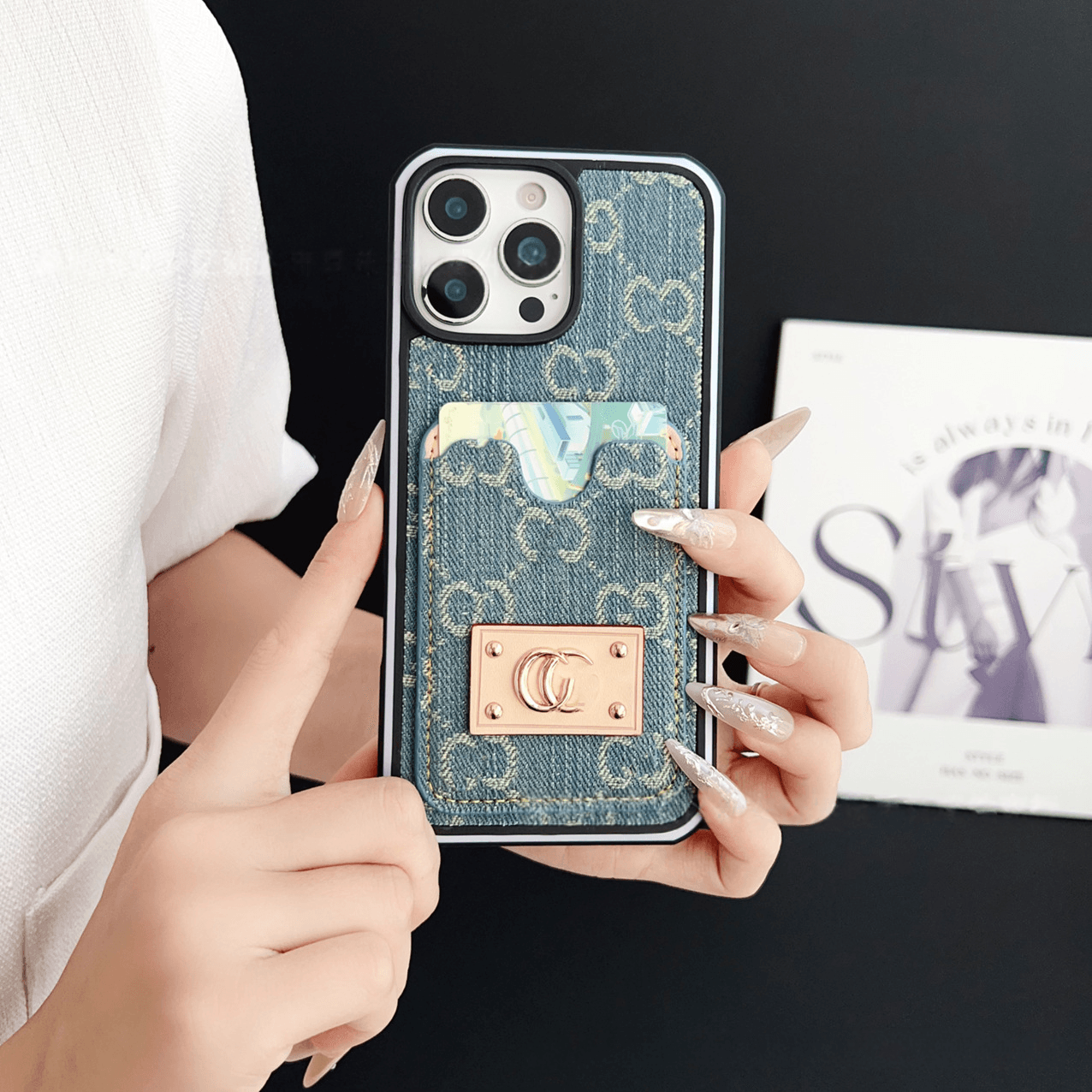 Light Blue GG Denim Tab Luxury Wallet Phone Case for iPhone 16 Pro Max LX106 - yTagCase