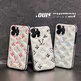 Luxury white phone case with LV inspired blue floral pattern iPhone 16 Pro Max crossbody case boho aesthetic