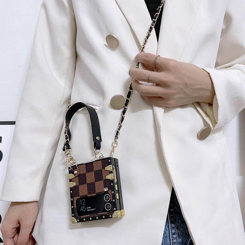 Brown Checkerboard LV-inspired Trunk Series Phone Case for Samsung Z FLIP3/4/5/6 with Crossbody Strap | LX018 - yTagCase