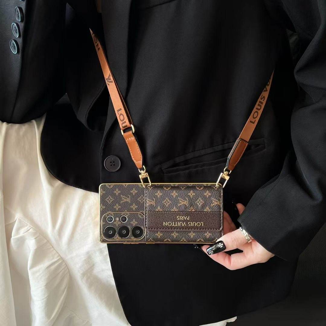 Brown LV Crossbody Wallet Phone Case with Floral Charm for iPhone 16 Pro Max LX097 - yTagCase