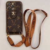 Brown LV-inspired wallet phone case with crossbody strap and card holder for hands-free convenience and Y2K luxury aesthetic