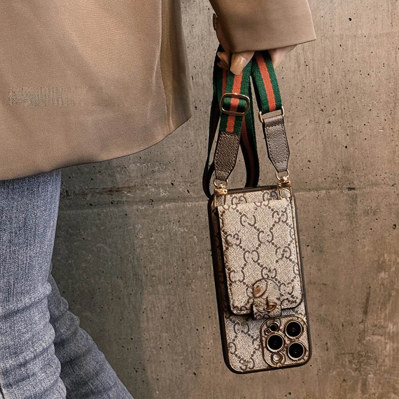 Beige GG Pattern Phone Case with Crossbody Strap & Card Holder | LX023 - yTagCase