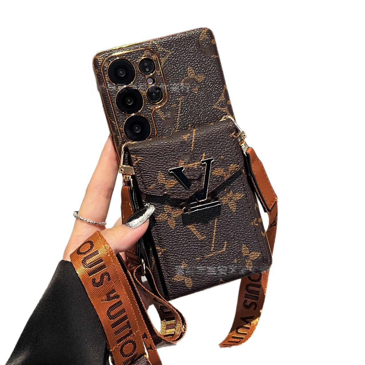 Floral LV inspired phone case with built-in card slots and crossbody strap for Samsung - fade-resistant matte finish and Y2K revival vibe