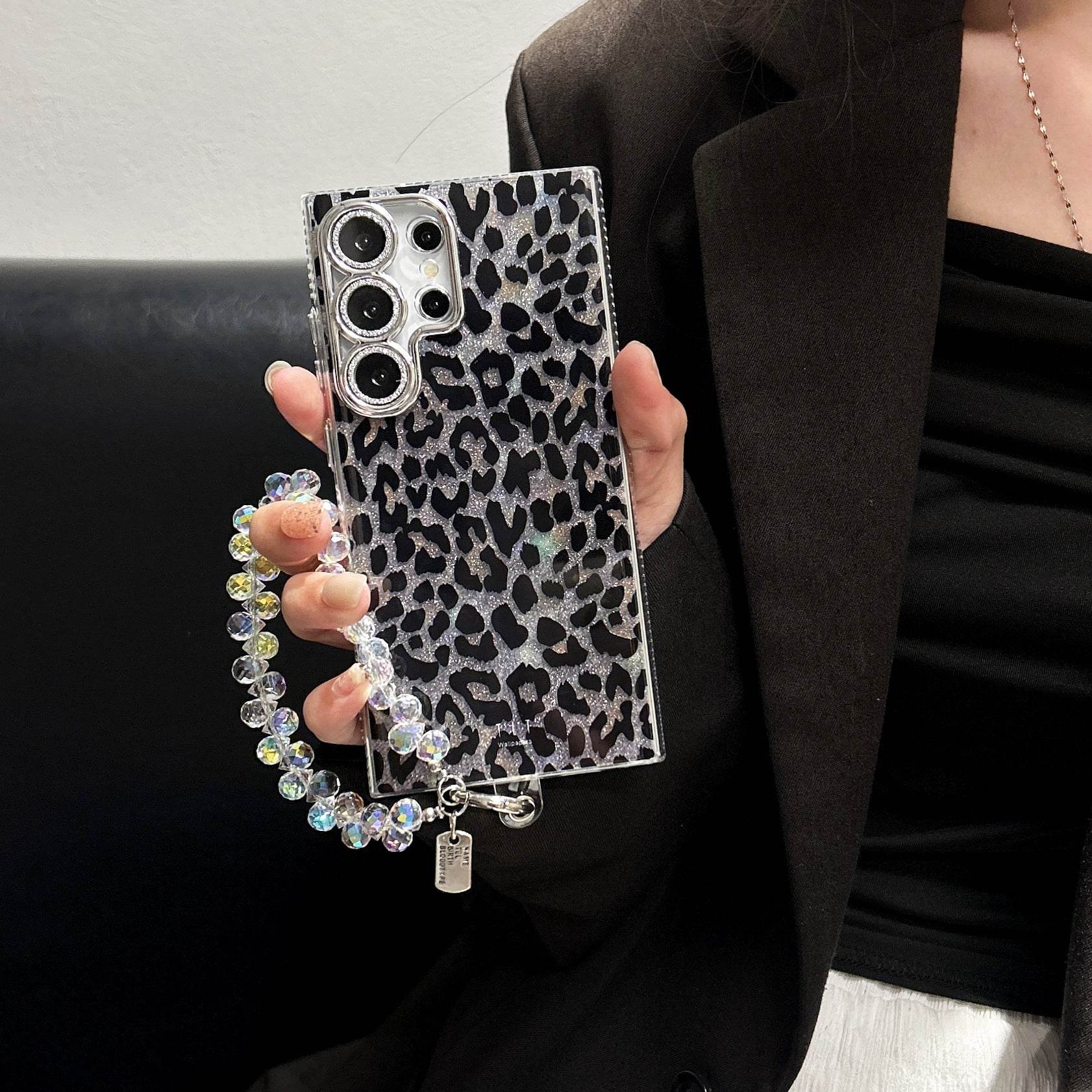 Cheetah Print Glitter Phone Case with Wrist Strap - Stylish & Protective Cover for Samsung Galaxy S24 Ultra LP18 - yTagCase