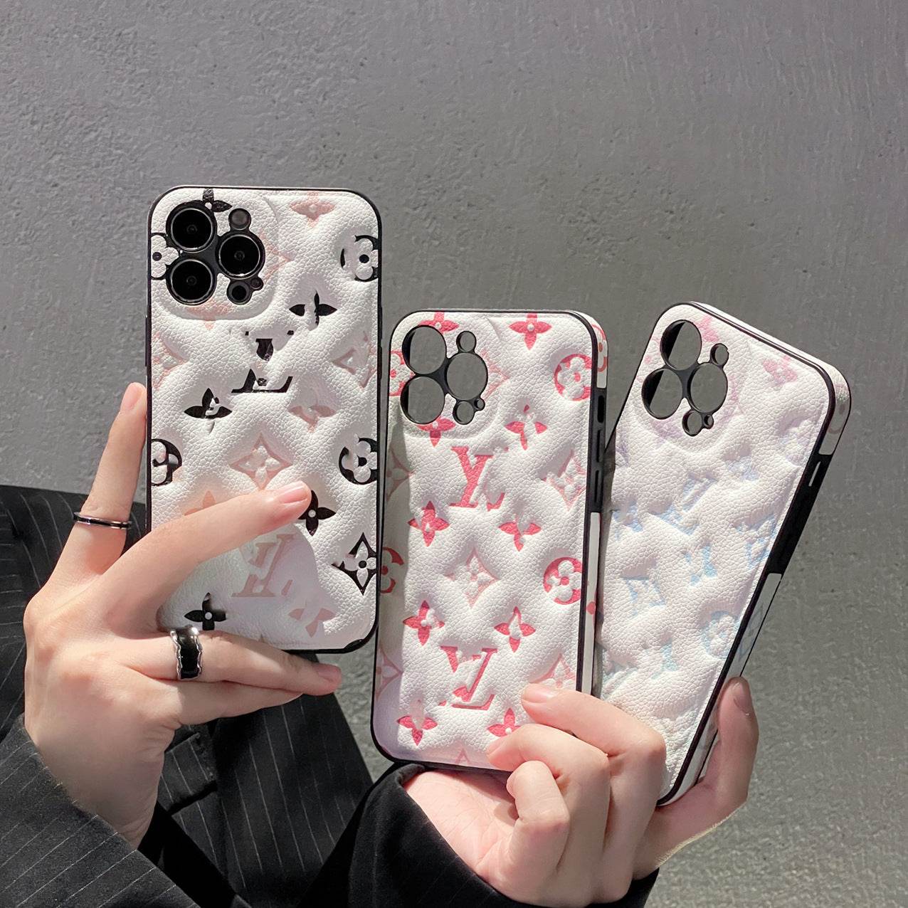 White LV Element Phone Case with Black Floral Pattern | Luxury iPhone 16 Pro Max Cover | LX041 - yTagCase