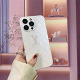 White LV Element Frosted Glass Phone Case with fade-resistant printing and built-in camera cover for privacy, sleek aesthetic vibe