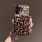 Fashionable iPhone 14 Plus case with bold brown leopard print, rhinestone accents and shockproof full-body protection