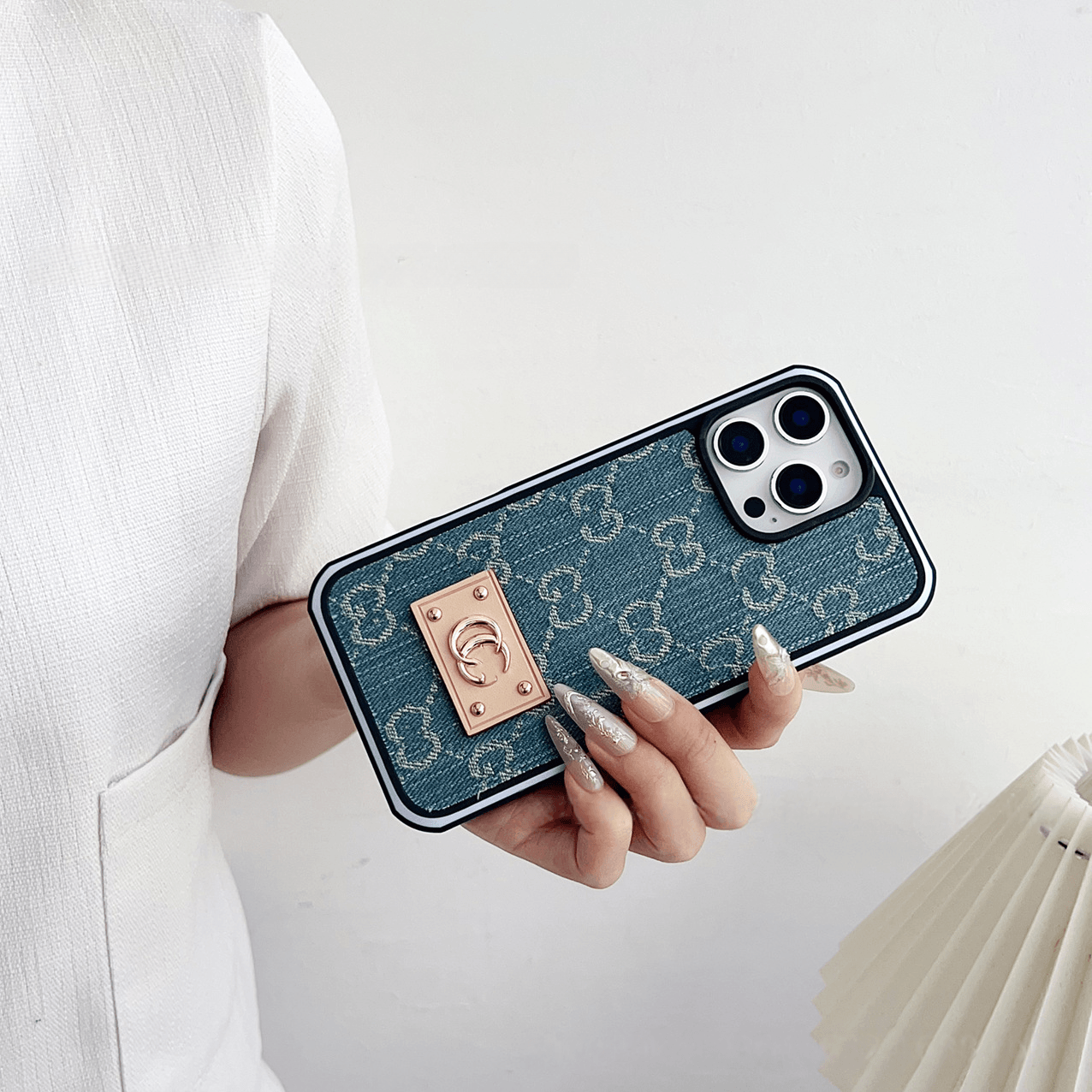 Light Blue GG Denim Luxury Phone Case for iPhone 16 Pro Max LX103 - yTagCase