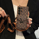Brown LV Floral Wallet Phone Case for Samsung with crossbody card holder and scratch-resistant matte finish for a luxury aesthetic
