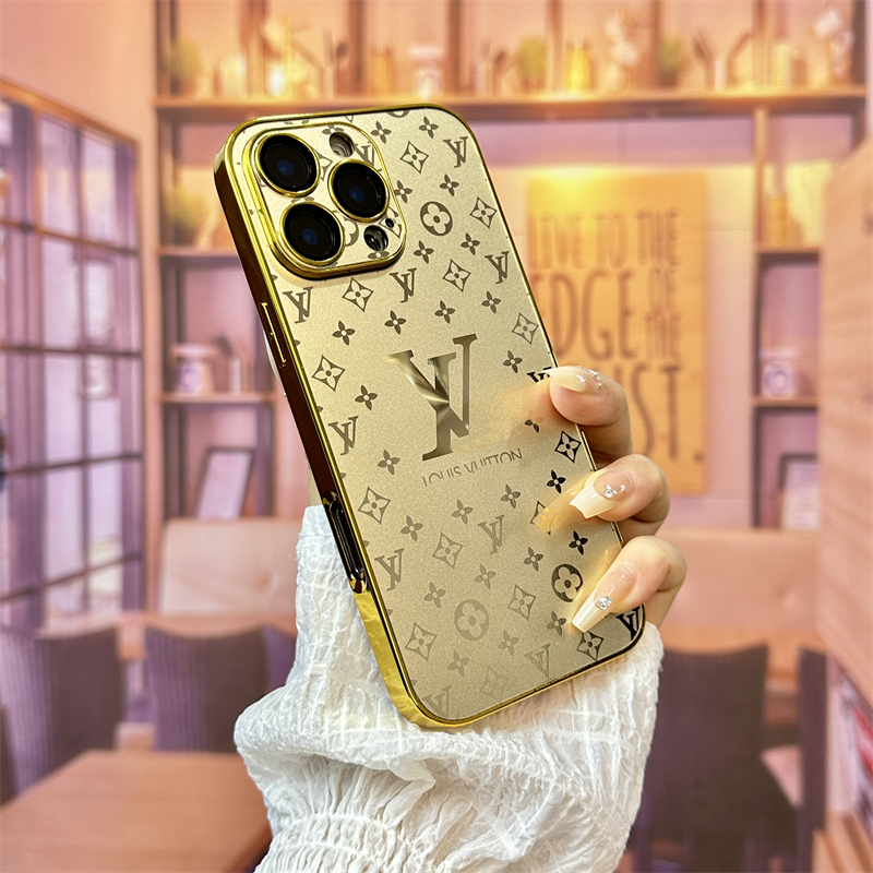 Gold LV Element Frosted Glass Phone Case with Camera Cover luxury aesthetic statement piece for iPhone scratch-resistant coating