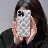 White LV inspired phone case with blue floral pattern luxury iPhone 16 Pro Max case aesthetic statement piece