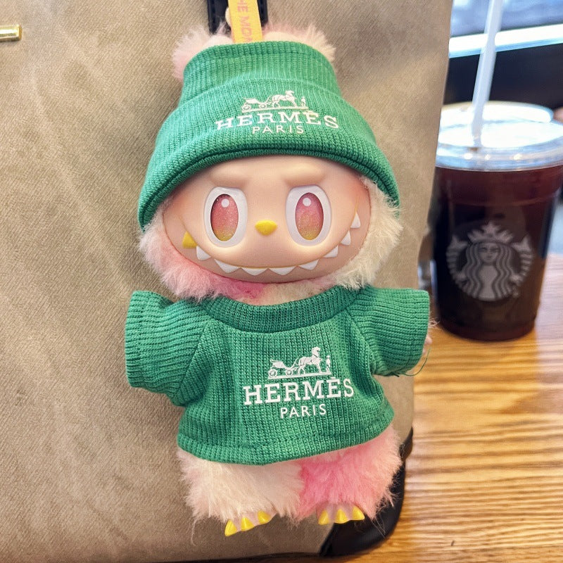 Green Labubu doll clothes set with Hermes-style hat and top