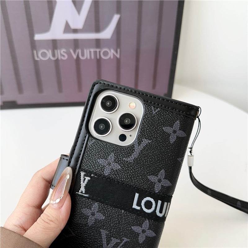 Black Monogram LV Wallet Phone Case with Wrist Strap & Flip Cover LX112 - yTagCase