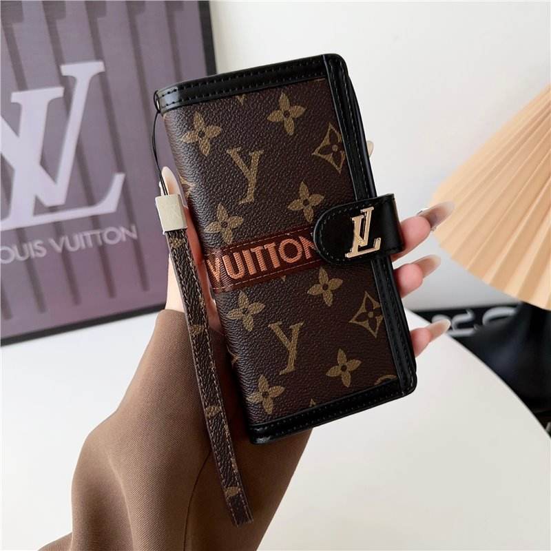 Black Monogram LV Wallet Phone Case with Wrist Strap & Flip Cover for iPhone 16 Pro Max LX115 - yTagCase