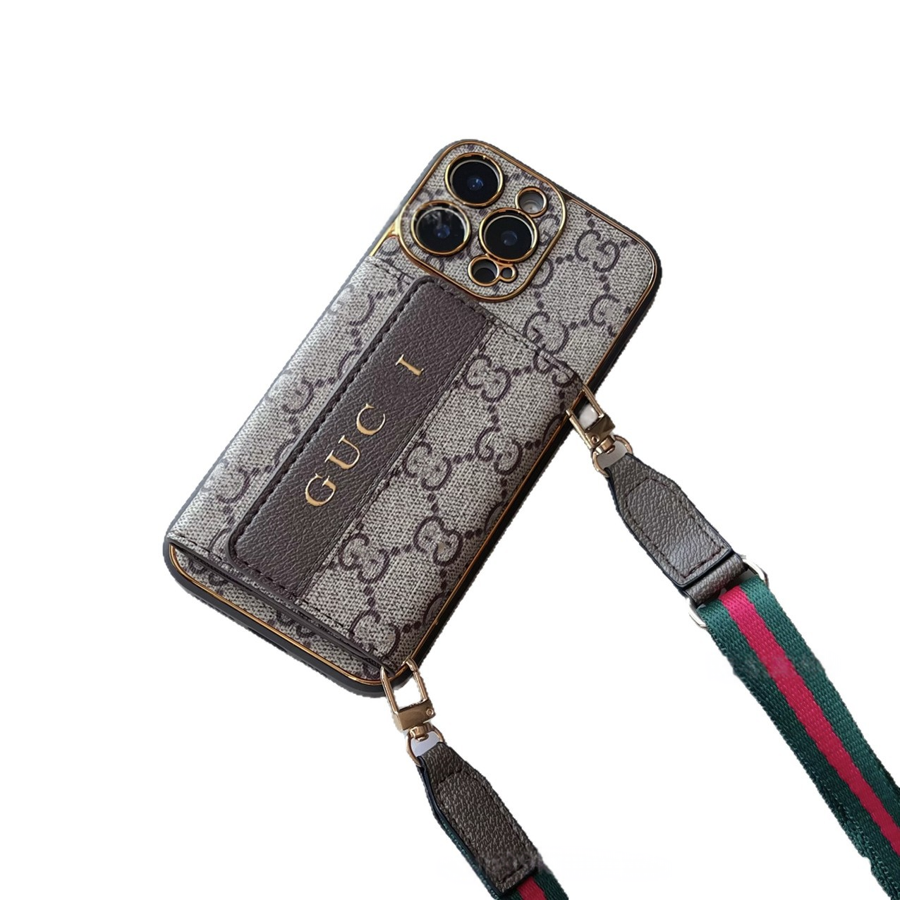 Cream GG Crossbody Wallet Phone Case with scratch-resistant matte finish and adjustable strap for iPhone 16 Pro Max aesthetic statement piece