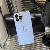 LV Inspired Frosted Glass Phone Case in sky blue with premium feel and basic protection, statement piece for iPhone models
