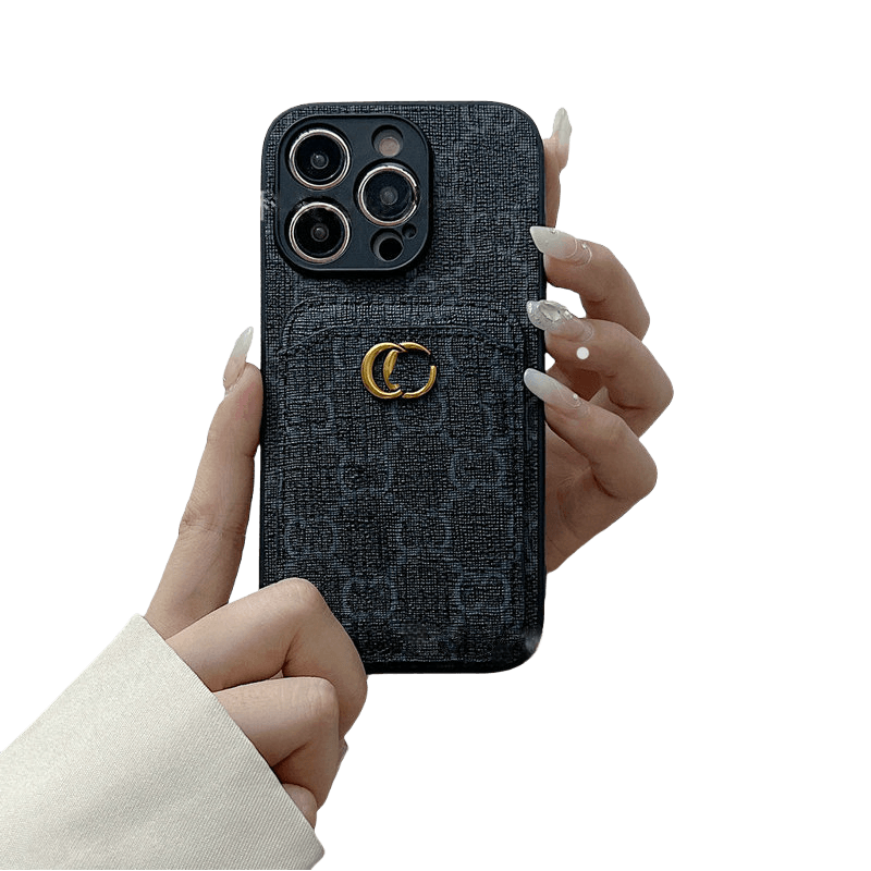 Black GG Element Phone Case with Card Holder | Luxury Designer Style for iPhone 16 Pro Max | LX086 - yTagCase
