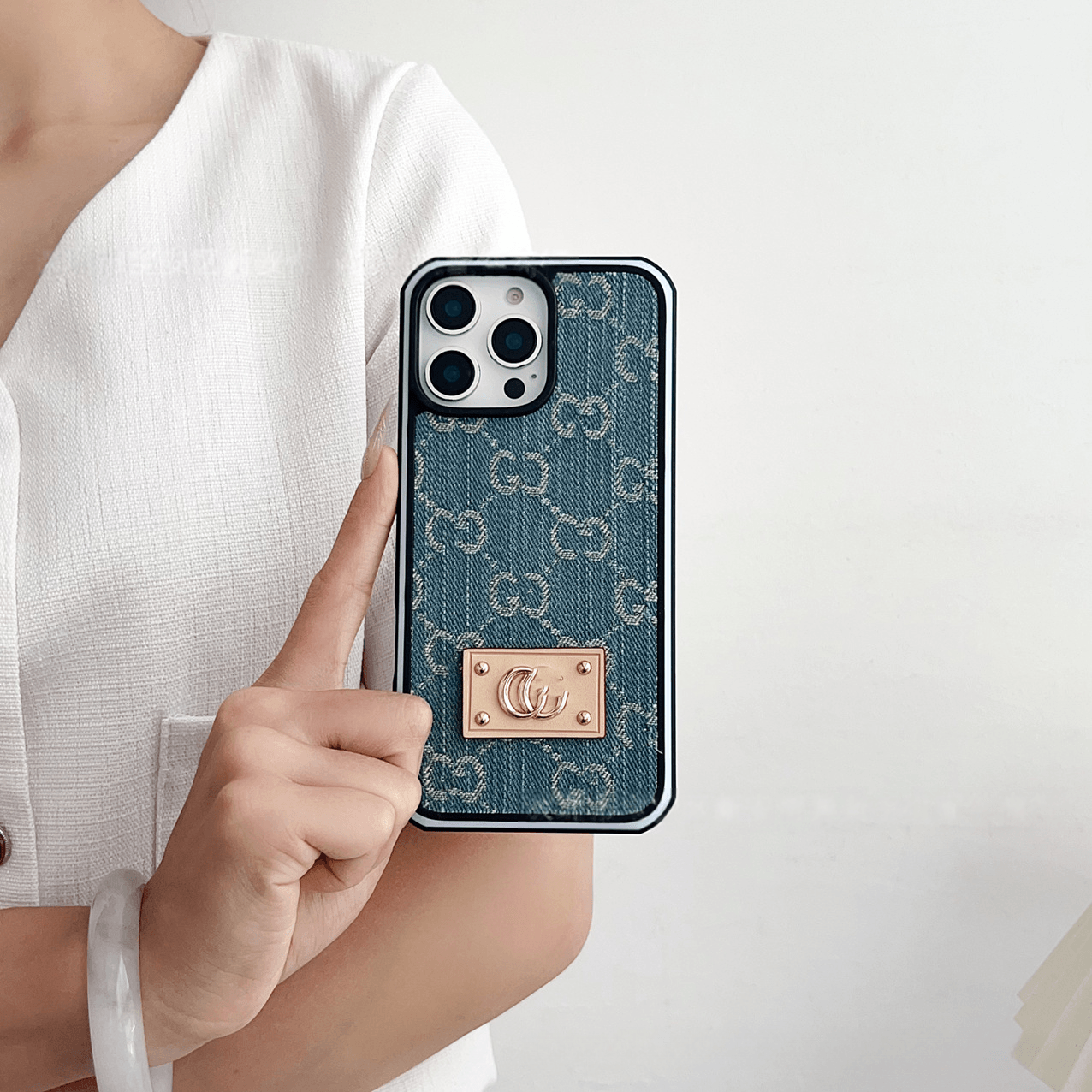 Light Blue GG Denim Luxury Phone Case for iPhone 16 Pro Max LX103 - yTagCase