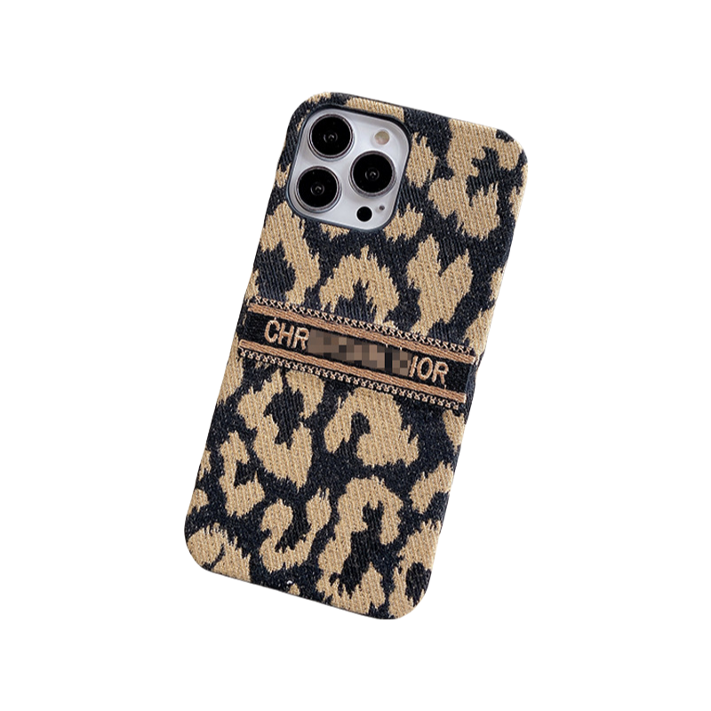 Luxury cheetah print embroidered fabric phone case for iPhone 14 Plus, stylish full-body protection with lightweight design.