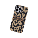 Luxury cheetah print embroidered fabric phone case for iPhone 14 Plus, stylish full-body protection with lightweight design.