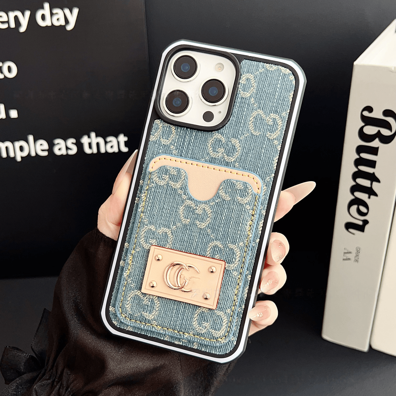 Light Blue GG Denim Tab Luxury Wallet Phone Case for iPhone 16 Pro Max LX106 - yTagCase