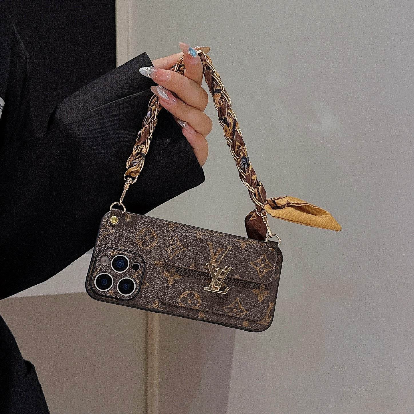 Brown Monogram LV Crossbody Phone Case with Card Holder & Adjustable Strap for iPhone 16 Pro Max LX095 - yTagCase