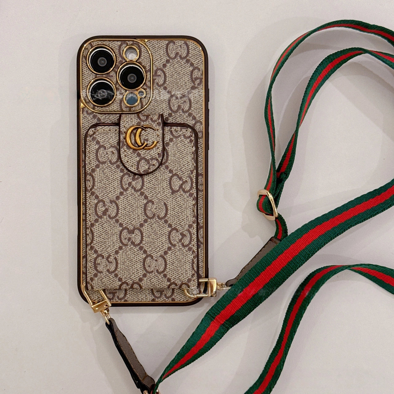 Beige GG Pattern Phone Case with Crossbody Strap and Card Holder for hands-free convenience and boho aesthetic