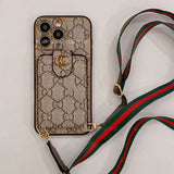 Beige GG Pattern Phone Case with Crossbody Strap and Card Holder for hands-free convenience and boho aesthetic