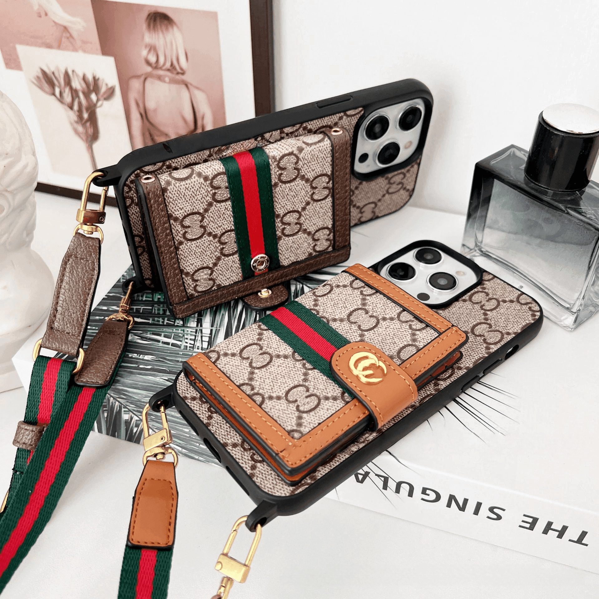 Beige GG Pattern Phone Case with Crossbody Strap & Card Holder | LX065 - yTagCase