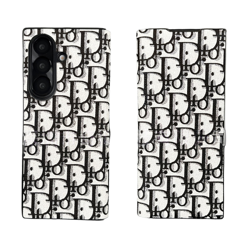 Black Dior-inspired luxury phone case for Samsung Fold7 with metal flip cover and magnetic closure for a sleek aesthetic statement piece