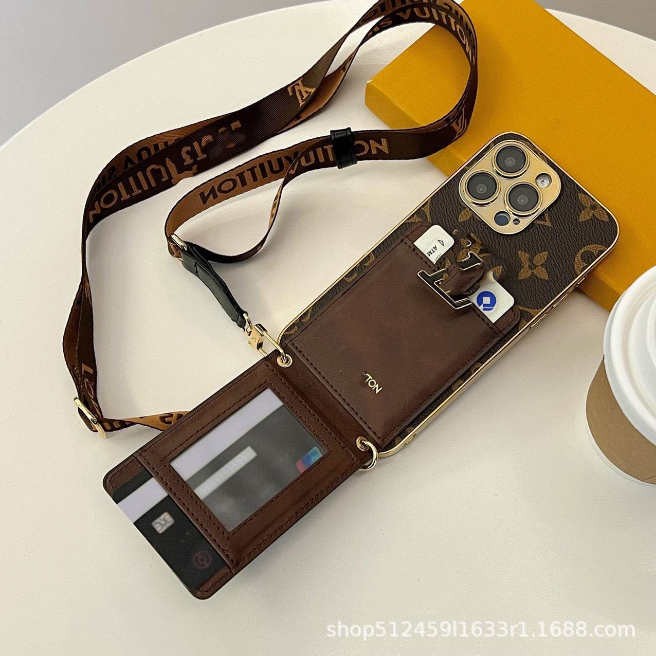 Brown LV Wallet Phone Case with Card Holder | Crossbody Retro iPhone Case LX025 - yTagCase