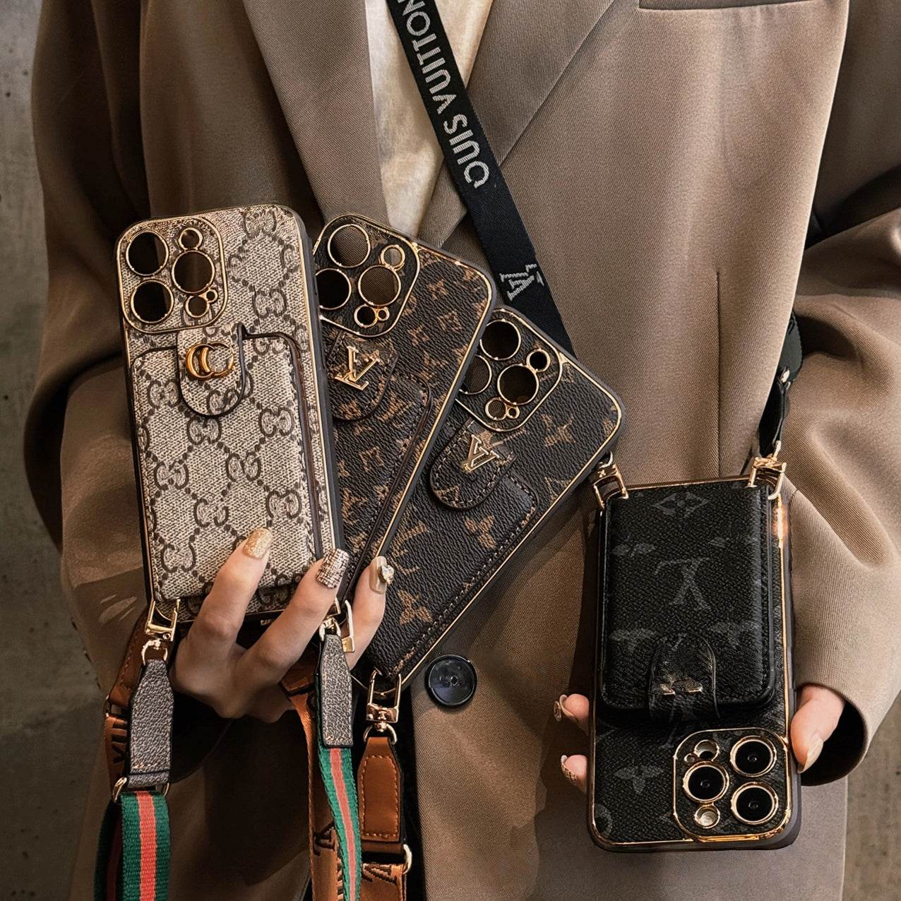 Black LV Element Phone Case with Crossbody Strap & Card Holder | LX021 - yTagCase