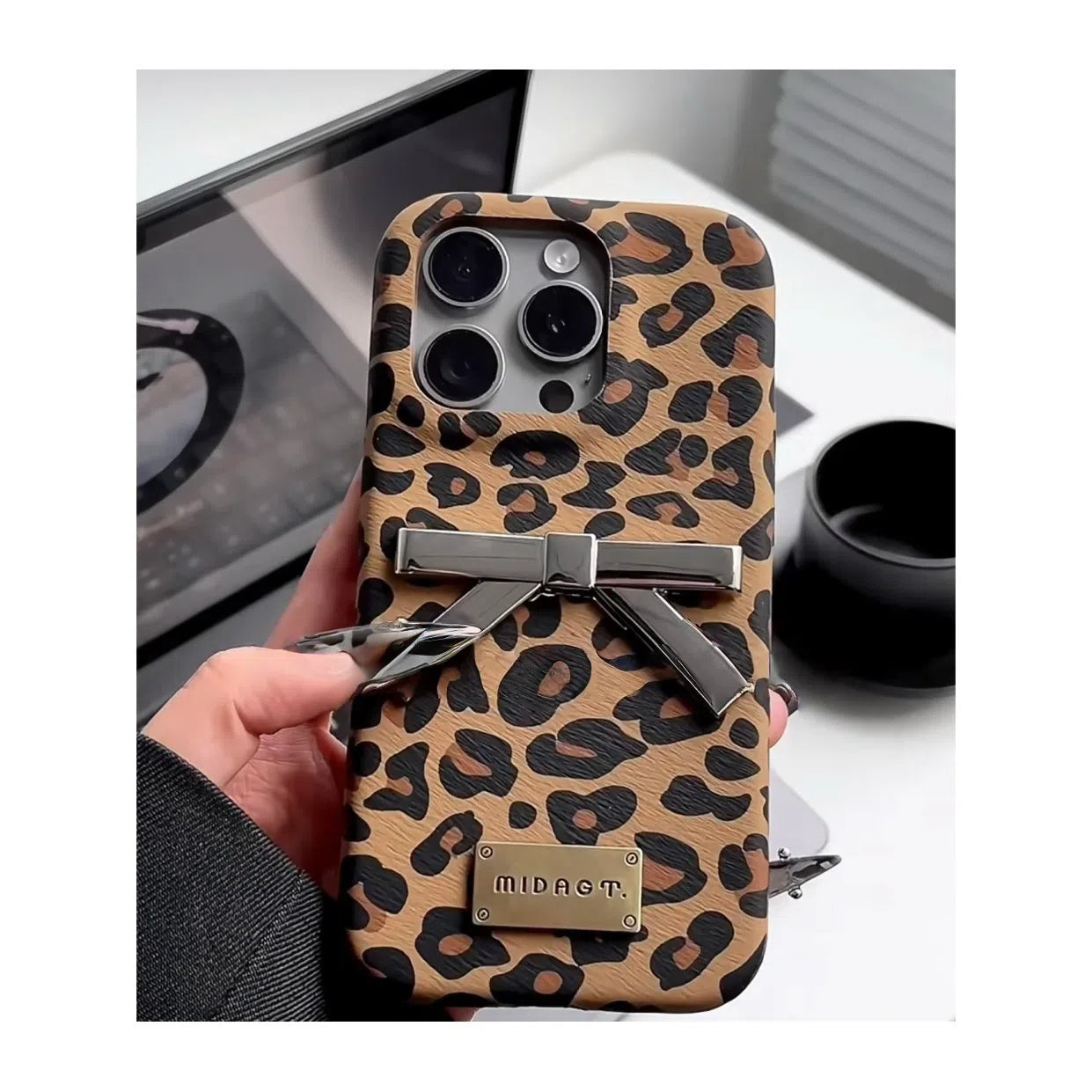 Cheetah print matte phone case with bow for iPhone 14 Plus - stylish animal texture protective cover with premium grip and fingerprint resistance.