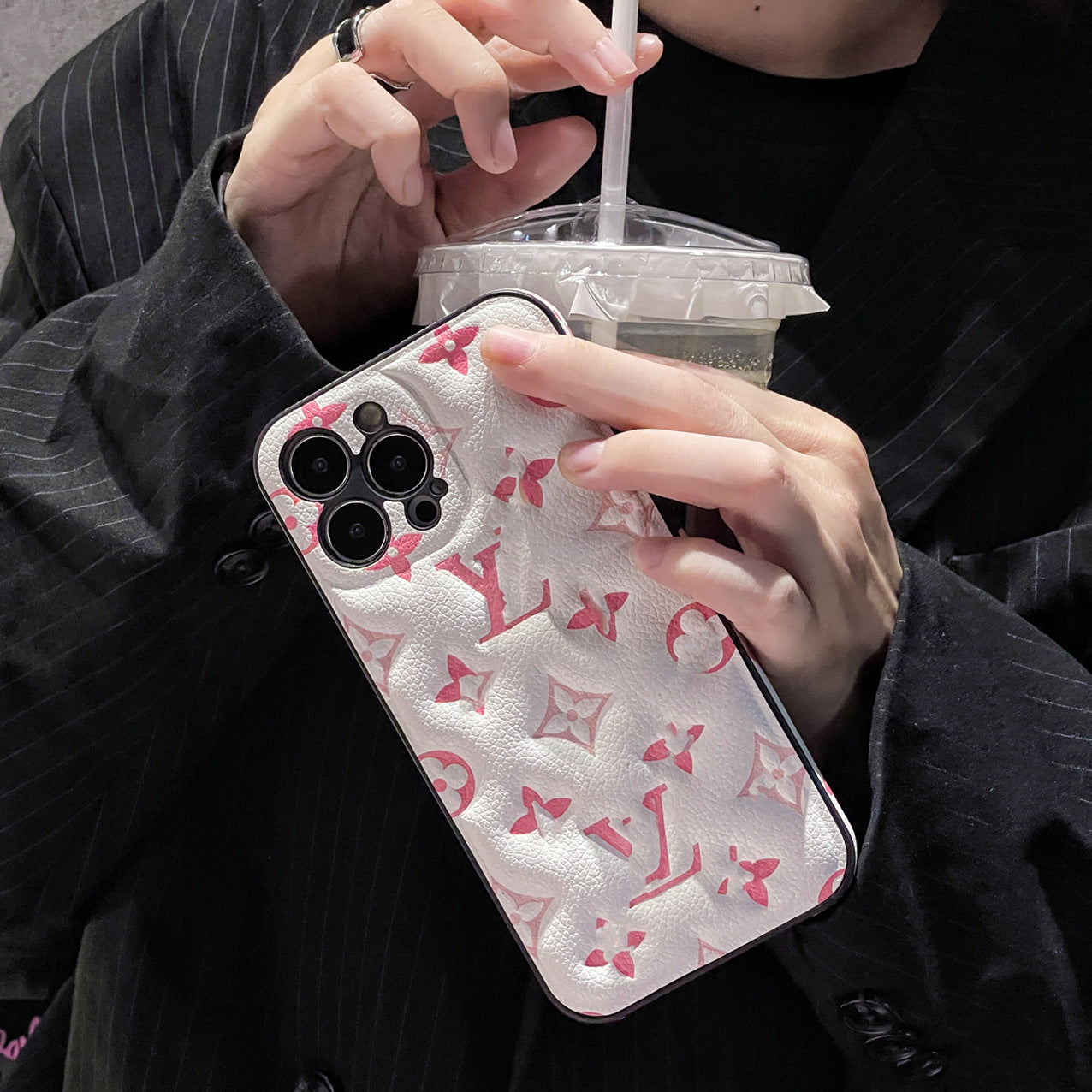 White LV Element Phone Case with Pink Floral Pattern | Fade-resistant print | Cottagecore aesthetic | iPhone 16 Pro Max